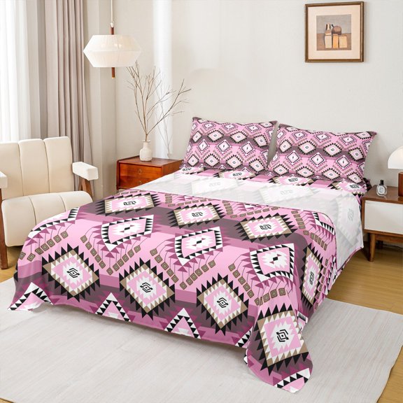 jejeloiu Vintage Aztec Geometric Bed Sheets,Boho Bohemian Style King Sheets,Pink Triangle Rhombus Sheet Set For Adult,Breathable Home Decor,4pcs