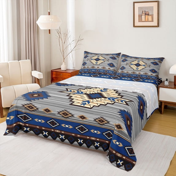 jejeloiu Vintage Aztec Geometric Bed Sheets,Nautical Tribal Full Size Sheets For Boys,Blue Gray,4 Pieces,1 Flat Sheet, 1 Fitted Sheet and 2 Pillowcases