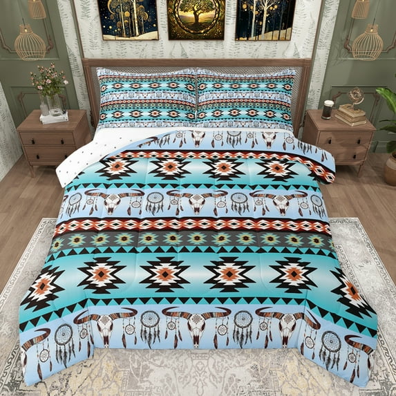 jejeloiu Vintage Aztec Geometric Bedding Comforter Set,Rustic Bull Skull Twin Comforter Sets,Ancient Dreamcatcher Bedding Set For Adult,Breathable Home Decor Reversible,2 Pieces