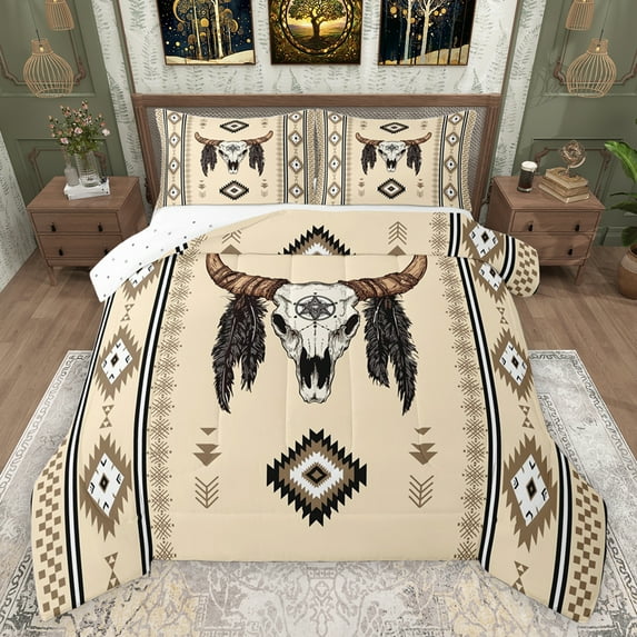 jejeloiu Vintage Aztec Geometric Bedding Comforter Set,Rustic Bull Skull Twin Comforter Sets,Retro Rhombus Triangle Bedding Set For Men Women,Breathable Home Decor Reversible,2 Pieces