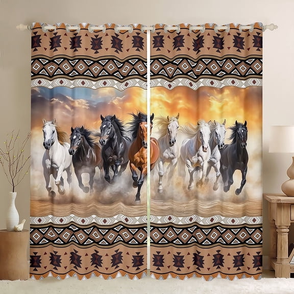 jejeloiu Vintage Aztec Geometric Black Out CurtainsFarm Aniaml Horse Curtains Pack of 2 (42x63 Each),Brown White Bedroom Curtains,Breathable Room Decor