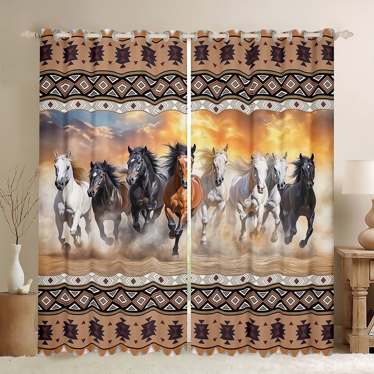 jejeloiu Vintage Aztec Geometric Blackout Curtains Set of 2 (52x84 Each)Farm Aniaml Horse Window Curtains,Brown White Curtains and Drapes,Breathable Room Decor