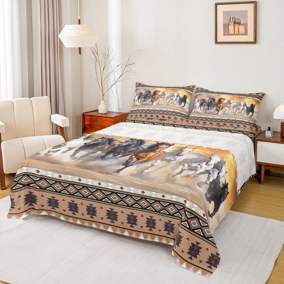 jejeloiu Vintage Aztec Geometric Full Size SheetsFarm Aniaml Horse Bed Sheets,Brown White Sheet Sets,Breathable Room Decor,4pcs