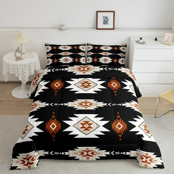 jejeloiu Vintage Aztec Geometric Queen Comforter Set,Boho Bohemain Geometrry Bedding Sets,Black Beige Brown Bedding Comforter Set,Super Cozy Room Decor Reversible,3 Pieces