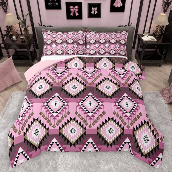 jejeloiu Vintage Aztec Geometric Queen Comforter Set,Boho Bohemian Style Bedding Sets,Pink Triangle Rhombus Bedding Comforter Set For Adult,Breathable Home Decor Reversible,3 Pieces
