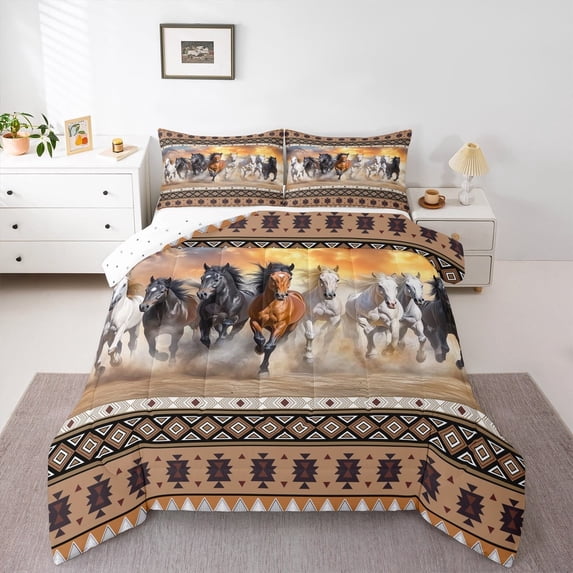 jejeloiu Vintage Aztec Geometric Queen Comforter SetFarm Aniaml Horse Bedding Sets,Brown White Bedding Comforter Set,Breathable Room Decor Reversible,3-Piece
