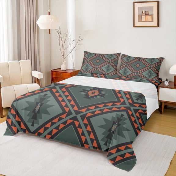 jejeloiu Vintage Aztec Geometric Queen Sheet Sets,Boho Bohemian Style Flat Sheet,Green Orange Queen Fitted Sheet For Adult,Breathable Home Decor,4 Pieces