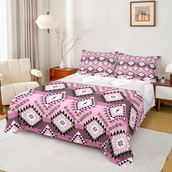jejeloiu Vintage Aztec Geometric Queen Sheet Sets,Boho Bohemian Style Flat Sheet,Pink Triangle Rhombus Queen Fitted Sheet For Adult,Breathable Home Decor,4 Pieces