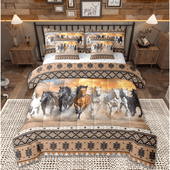 jejeloiu Vintage Aztec Geometric Twin Bedding Sets 7-PieceFarm Aniaml Horse Bedding Comforter Set,Brown White Sheet Sets,Breathable Room Decor Reversible
