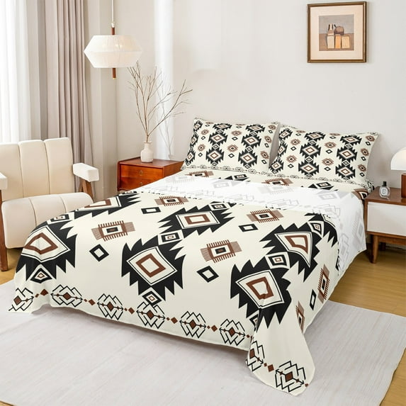 jejeloiu Vintage Aztec Geometric Twin Sheet Sets,Boho Bohemain Geometrry Twin Fitted Sheet,White Beige Brown Flat Sheet,Super Cozy Room Decor,3 Pieces