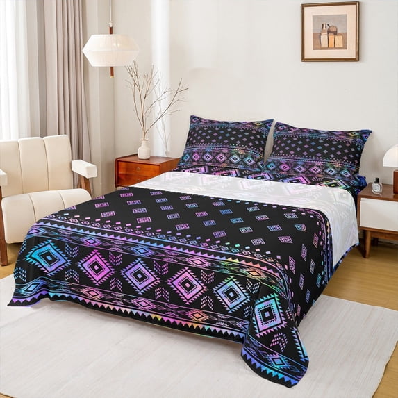 jejeloiu Vintage Aztec Geometric Twin Sheet Set (3-Piece) Boho Purple Black Ultra Soft Decor For Adults
