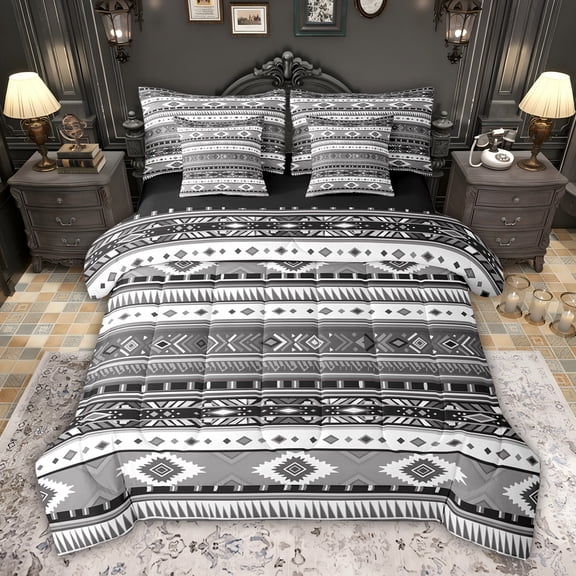 jejeloiu Vintage Aztec Print 7-Piece Bedding Comforter Set,Gray Black White King Bedding Sets For Adults Reversible