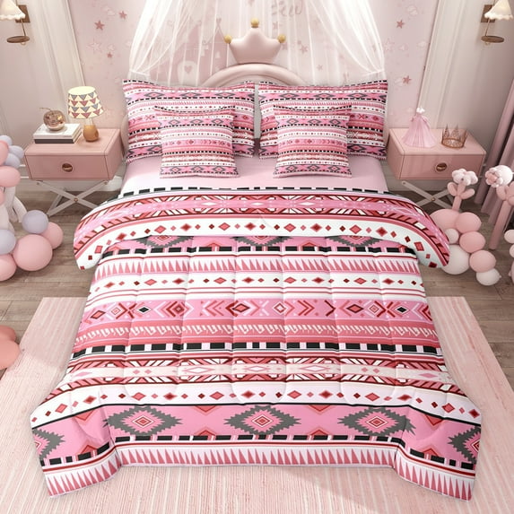 jejeloiu Vintage Aztec Print 7 Pieces Bedding Comforter Set,Pink Geometric Rhombus Full Bedding Set For Adults Reversible