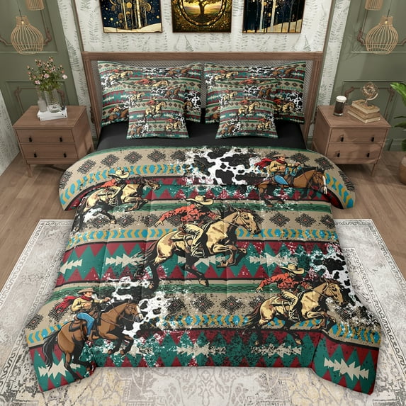 jejeloiu Vintage Aztec Print 7 Pieces Bedding Comforter Set,Western Cowboy Full Bedding Set For Adults Reversible