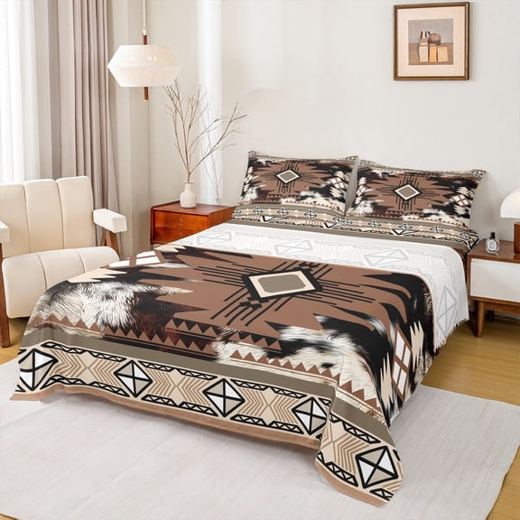 jejeloiu Vintage Aztec Print Bed Sheets,Blue Geometric Pattern King Sheets,Boho Bohemain Theme Sheet Set,Super Cozy Room Decor,4 Pieces