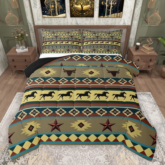 jejeloiu Vintage Aztec Print Queen Comforter Set,3D Texas Stars Bedding Sets,Rustic Bull Skull Bedding Comforter Set For Adults,Luxury Bedroom Decor Reversible,3pcs