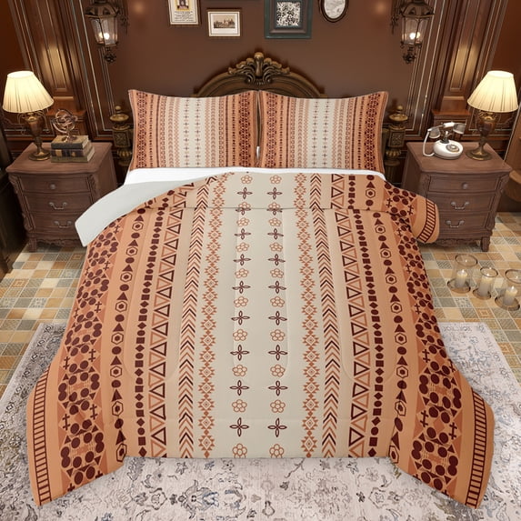 jejeloiu Vintage Aztec Print Queen Comforter Set,Ancient Triangle Circle Bedding Sets,Brown Beige Bedding Comforter Set For Adults,Luxury Bedroom Decor Reversible,3pcs