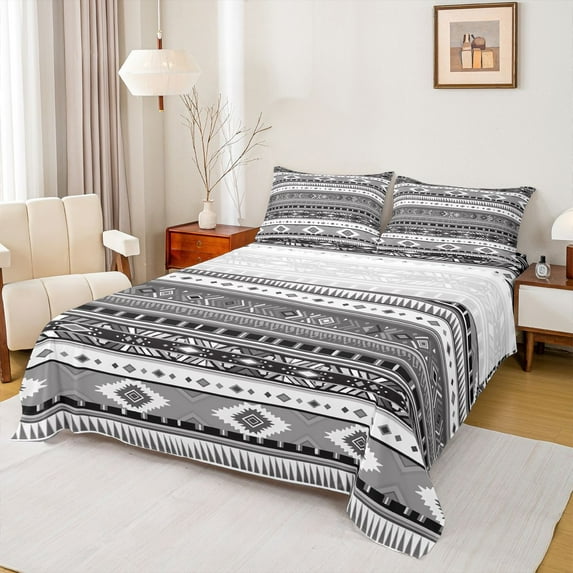 jejeloiu Vintage Aztec Print Queen Sheet Sets,Gray Black White Bed Set For Adults 4-Piece
