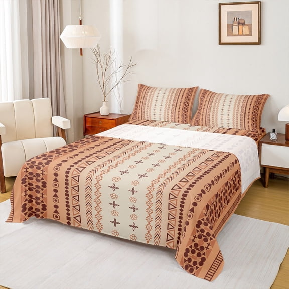 jejeloiu Vintage Aztec Print Twin Sheet Sets,Ancient Triangle Circle Twin Fitted Sheet,Brown Beige Flat Sheet For Adults,Luxury Bedroom Decor,3-Piece