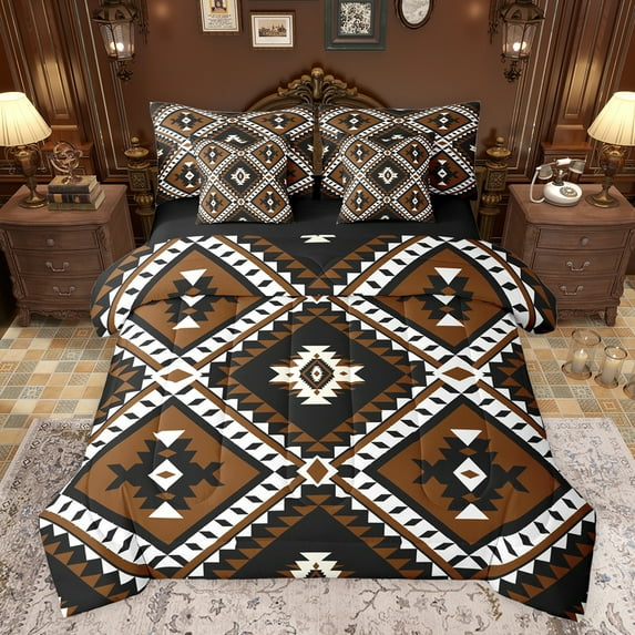 jejeloiu Vintage Aztec Rhombus 7-Piece Twin Bedding Sets,Brown Black White Bedding Comforter Set,Boho Tribal Geometric Sheet Sets For Kids,Luxury Bedroom Decor Reversible