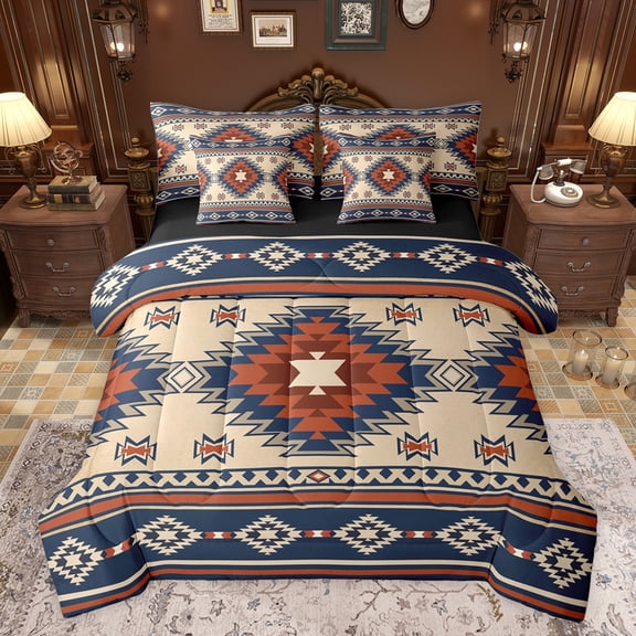 jejeloiu Vintage Aztec Rhombus 7-Piece Twin Bedding Sets,Brown Blue Bohemian Triangle Bedding Comforter Set,Boho Tribal Geometric Sheet Sets For Kids,Luxury Bedroom Decor Reversible