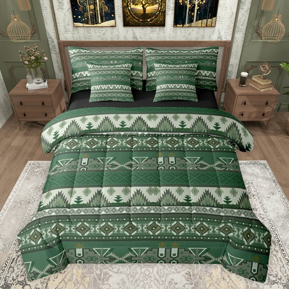 jejeloiu Vintage Aztec Rhombus 7-Piece Twin Bedding Sets,Green Bohemian Triangle Bedding Comforter Set,Boho Tribal Geometric Sheet Sets For Kids,Luxury Bedroom Decor Reversible