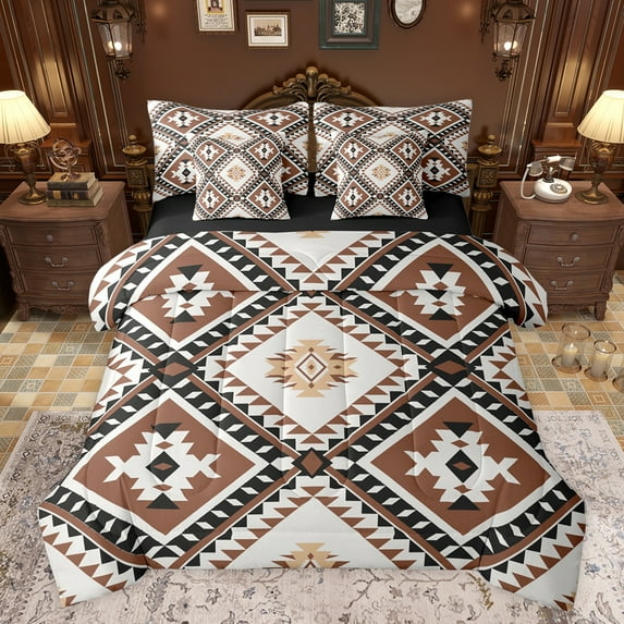 jejeloiu Vintage Aztec Rhombus 7 Pieces Bedding Comforter Set,Brown Bohemian Triangle Full Bedding Set,Boho Tribal Geometric Fitted Sheet Flat Sheet For Kids,Luxury Bedroom Decor Reversible