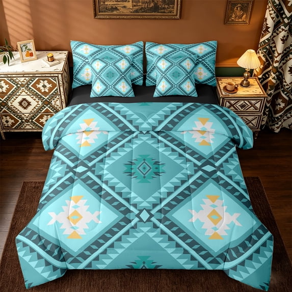 jejeloiu Vintage Aztec Rhombus 7 Pieces Bedding Comforter Set,Cyan Bohemian Triangle Full Bedding Set,Boho Tribal Geometric Fitted Sheet Flat Sheet For Kids,Luxury Bedroom Decor Reversible