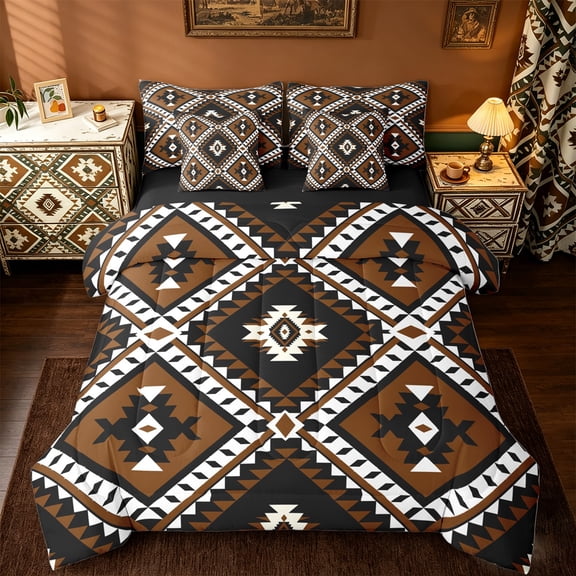 jejeloiu Vintage Aztec Rhombus 7pcs Bedding Comforter Set,Brown Black White Queen Bedding Sets,Boho Tribal Geometric Queen Sheet Sets For Kids,Luxury Bedroom Decor Reversible