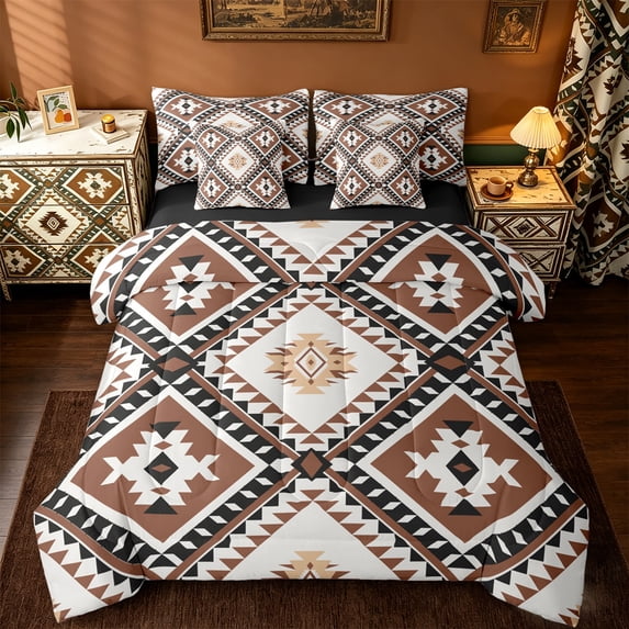 jejeloiu Vintage Aztec Rhombus 7pcs Bedding Comforter Set,Brown Bohemian Triangle Queen Bedding Sets,Boho Tribal Geometric Queen Sheet Sets For Kids,Luxury Bedroom Decor Reversible