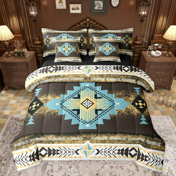 jejeloiu Vintage Aztec Rhombus 7pcs Bedding Comforter Set,Brown Cyan White Queen Bedding Sets,Ancient Bohemian Geometric Queen Sheet Sets For Kids,Luxury Bedroom Decor Reversible