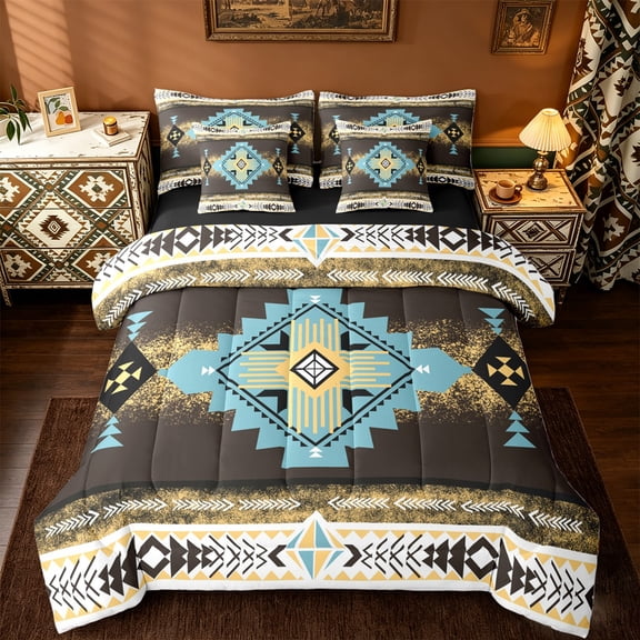 jejeloiu Vintage Aztec Rhombus 7pcs Bedding Comforter Set,Brown Cyan White Queen Bedding Sets,Ancient Bohemian Geometric Queen Sheet Sets For Kids,Luxury Bedroom Decor Reversible