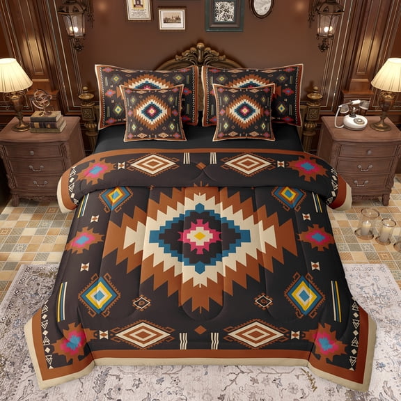 jejeloiu Vintage Aztec Rhombus 7pcs Bedding Comforter Set,Colorful Bohemian Rhombus Queen Bedding Sets,Boho Tribal Geometric Queen Sheet Sets For Kids,Luxury Bedroom Decor Reversible