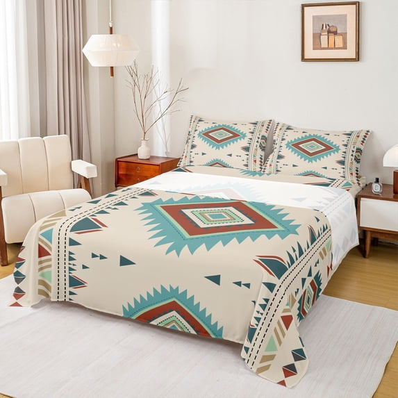 jejeloiu Vintage Aztec Rhombus Bed Sheets,Cyam Bohemian Triangle King Sheets,Boho Tribal Geometric Sheet Set For Kids,Luxury Bedroom Decor,4pcs