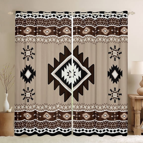 jejeloiu Vintage Aztec Rhombus Black Out Curtains,Boho Tribal Geometric Curtains Pack of 2 (42x63 Each),Brown White Black Bedroom Curtains For Kids,Luxury Bedroom Decor