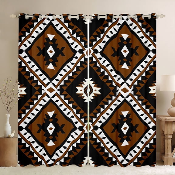 jejeloiu Vintage Aztec Rhombus Black Out Curtains,Brown Black White Curtains Pack of 2 (42x63 Each),Boho Tribal Geometric Bedroom Curtains For Kids,Luxury Bedroom Decor