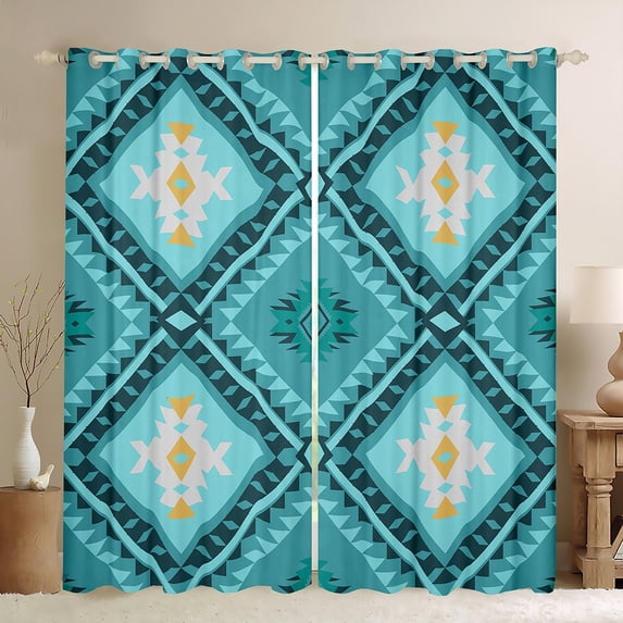 jejeloiu Vintage Aztec Rhombus Black Out Curtains,Cyan Bohemian Triangle Curtains Pack of 2 (42x63 Each),Boho Tribal Geometric Bedroom Curtains For Kids,Luxury Bedroom Decor