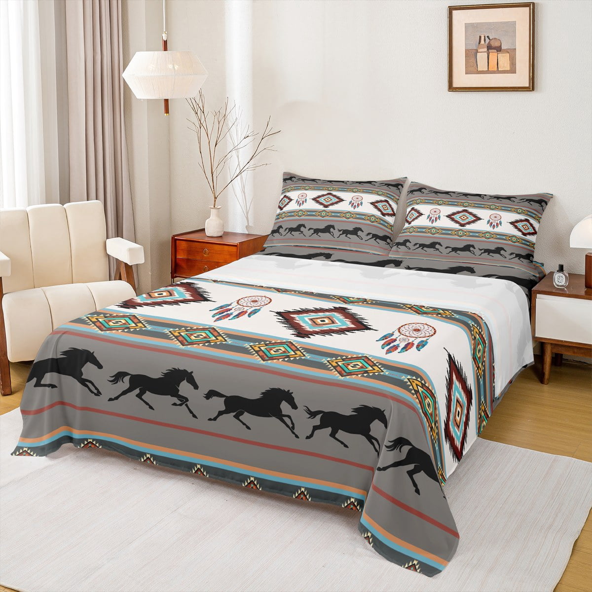 jejeloiu Vintage Aztec Rhombus Full Size Sheets,Farm Horse Retro ...