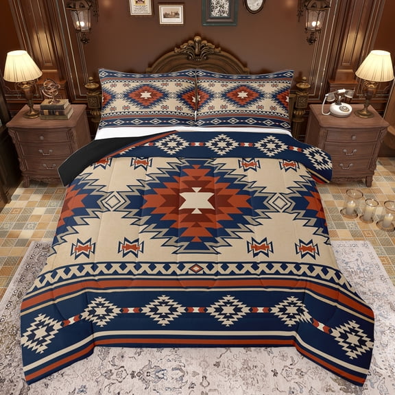 jejeloiu Vintage Aztec Rhombus Queen Comforter Set,Brown Blue Bohemian Triangle Bedding Sets,Boho Tribal Geometric Bedding Comforter Set For Kids,Luxury Bedroom Decor Reversible,3-Piece