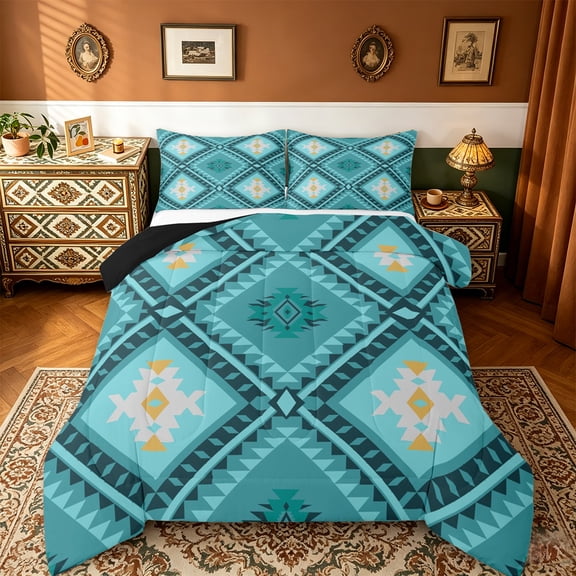 jejeloiu Vintage Aztec Rhombus Queen Comforter Set,Cyan Bohemian Triangle Bedding Sets,Boho Tribal Geometric Bedding Comforter Set For Kids,Luxury Bedroom Decor Reversible,3 Pieces