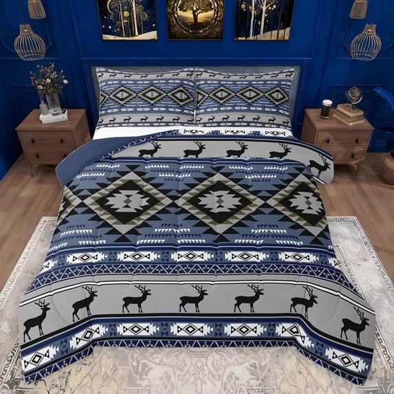 jejeloiu Vintage Aztec Rhombus Queen Comforter Set,Retro Geometric Triangle Bedding Sets,Wild Animal Bear Bedding Comforter Set For Adults,Ultra Soft Home Decor Reversible,3-Piece