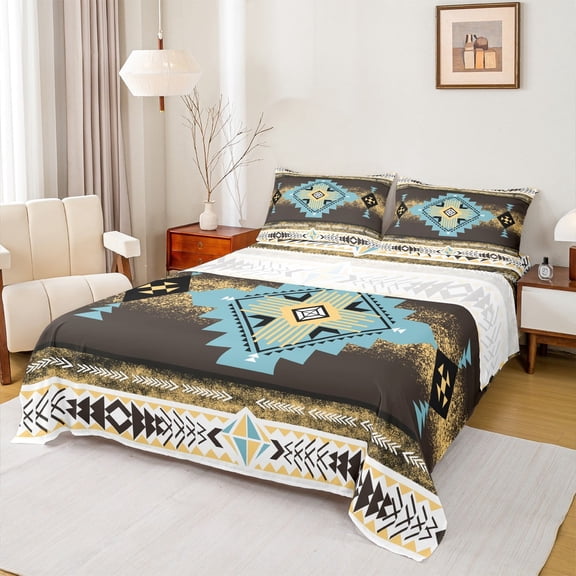jejeloiu Vintage Aztec Rhombus Queen Sheet Sets,Brown Cyan White Flat Sheet,Ancient Bohemian Geometric Queen Fitted Sheet For Kids,Luxury Bedroom Decor,4-Piece
