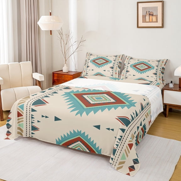 jejeloiu Retro Aztec Rhombus Twin Sheet Set (3-Piece) Cyan Triangle Boho Tribal Luxury Decor For Kids