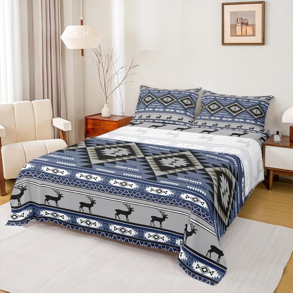 jejeloiu Vintage Aztec Rhombus Twin Sheet Sets,Retro Geometric Triangle Twin Fitted Sheet,Wild Animal Bear Flat Sheet For Adults,Ultra Soft Home Decor,3 Pieces