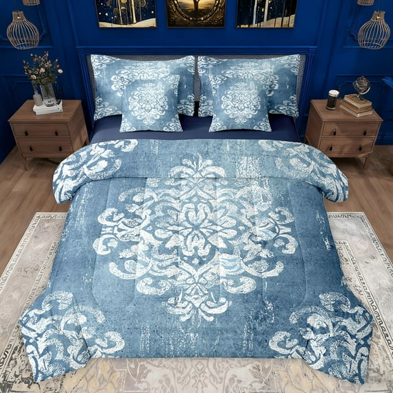 jejeloiu Vintage Baroque Floral 7 Pieces Bedding Comforter Set,Gothic Damask Print Full Bedding Set,White Blue Fitted Sheet Flat Sheet For Kids,Breathable Home Decor Reversible