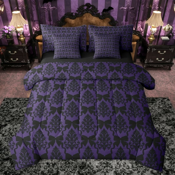 jejeloiu Vintage Baroque Floral 7 Pieces Bedding Comforter Set,Kawaii Girl Bowtie Full Bedding Set,Purple Black Fitted Sheet Flat Sheet For Kids,Breathable Home Decor Reversible