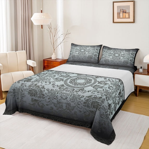 jejeloiu Vintage Baroque Floral Bed Sheets,Gothic Damask Print King Sheets,Lightcyan Black Sheet Set For Kids,Breathable Home Decor,4-Piece