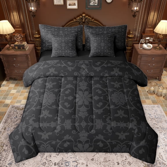 jejeloiu Vintage Baroque Flower 7-Piece Bedding Comforter Set,Gothic Damask King Bedding Sets,Black Gray Bed Sheets For Adults,Microfiber Bedroom Decor Reversible
