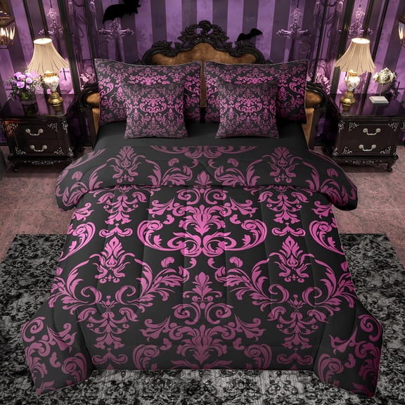 jejeloiu Vintage Baroque Flower 7-Piece Bedding Comforter Set,Gothic Damask King Bedding Sets,Pink Black Bed Sheets For Adults,Microfiber Bedroom Decor Reversible