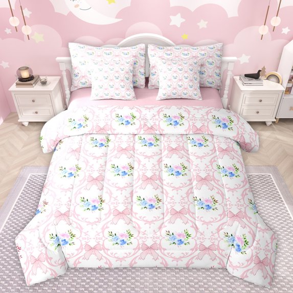 jejeloiu Vintage Baroque Flower 7-Piece Twin Bedding Sets,Girls Pink Bowknot Bedding Comforter Set,Flower Floral Sheet Sets For Kids,Super Cozy Room Decor Reversible